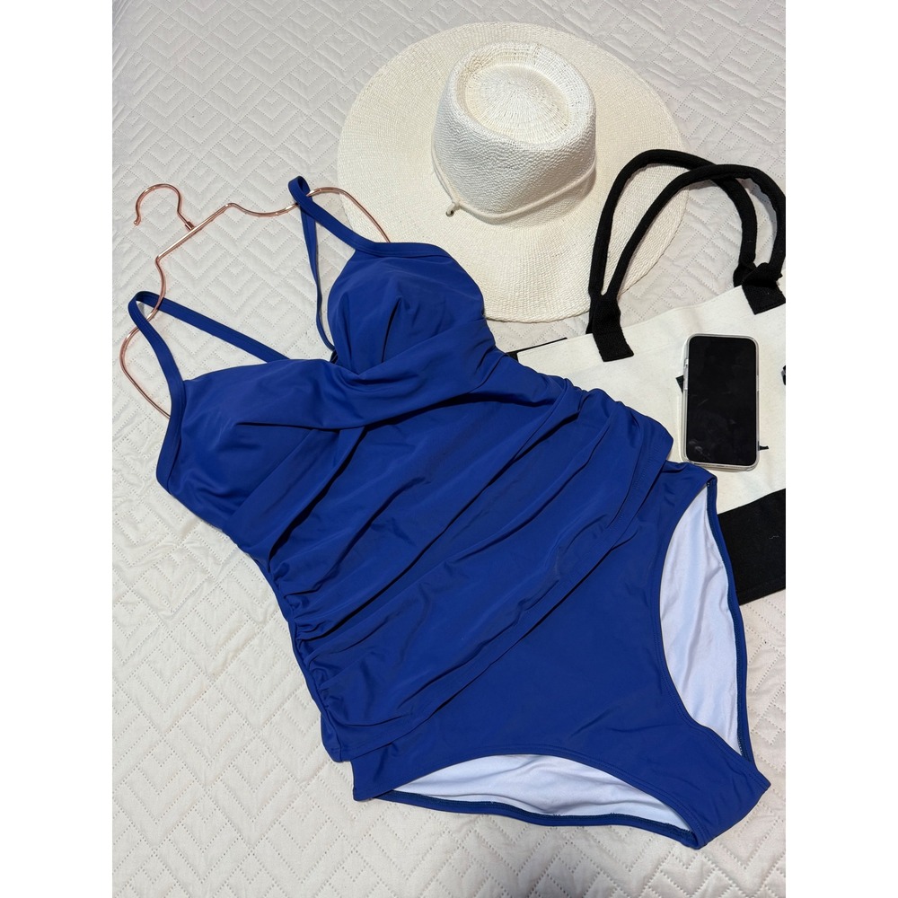 B2prity Women's Ruched Tankini‎ Suimsuits V Neck Wrap Tie Back Two Blue size XL - Picture 8 of 12
